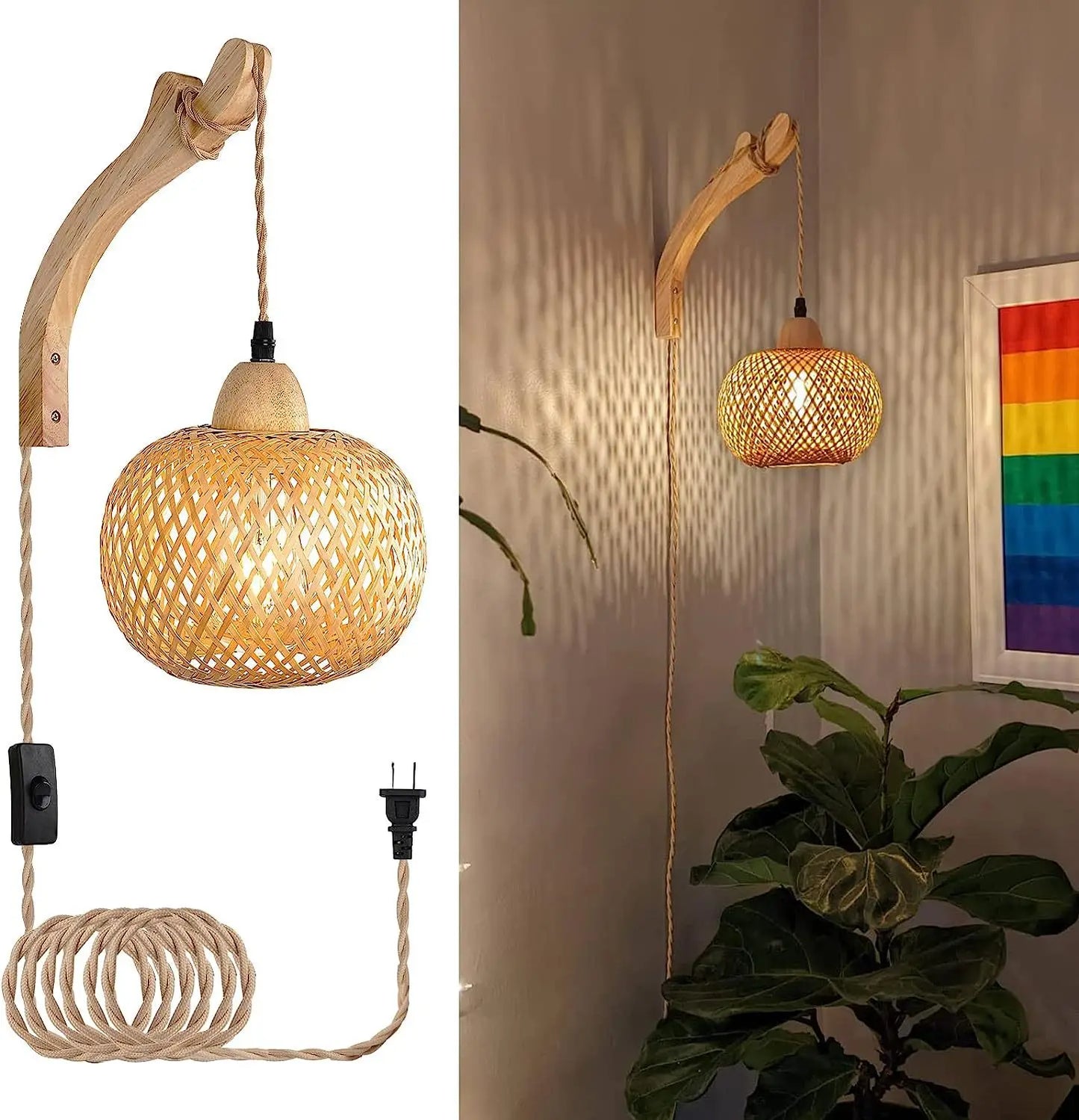 Royallure Hand-Woven Bamboo Wall Lamp – Natural Rattan Sconce Light for Living Room, Bedroom, or Hallway 0