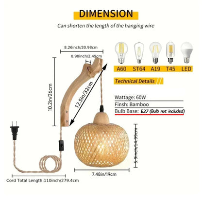 Royallure Hand-Woven Bamboo Wall Lamp – Natural Rattan Sconce Light for Living Room, Bedroom, or Hallway 5