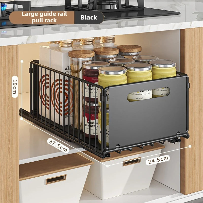 Royallure Kitchen Storage Rack with Pull-Out Basket – Space-Saving Folding Cabinet Organizer, Durable Carbon Steel, Black 10