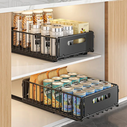 Royallure Kitchen Storage Rack with Pull-Out Basket – Space-Saving Folding Cabinet Organizer, Durable Carbon Steel, Black 3