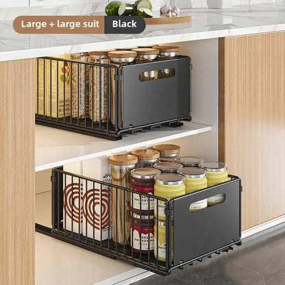 Royallure Kitchen Storage Rack with Pull-Out Basket – Space-Saving Folding Cabinet Organizer, Durable Carbon Steel, Black 8
