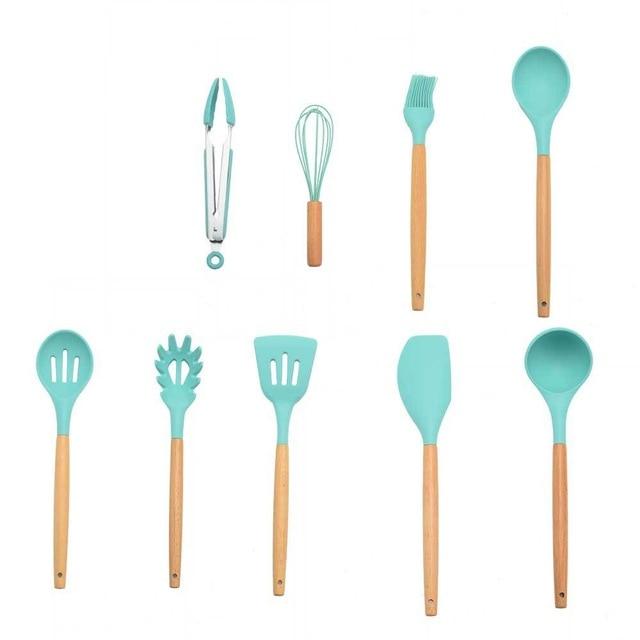 Royallure Kitchen Utensil Set - Heat Resistant Silicone Cooking Tools with Wooden Handles 10