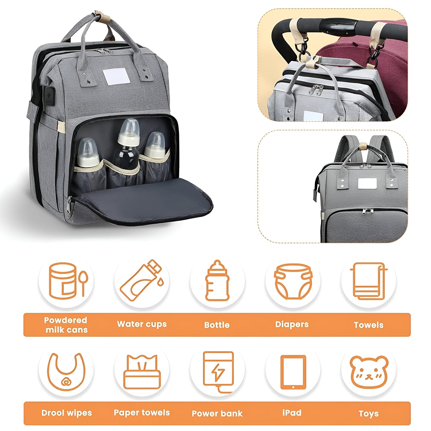 Royallure Smart Diaper Bag Backpack with Foldable Bed and USB Charging Port 5