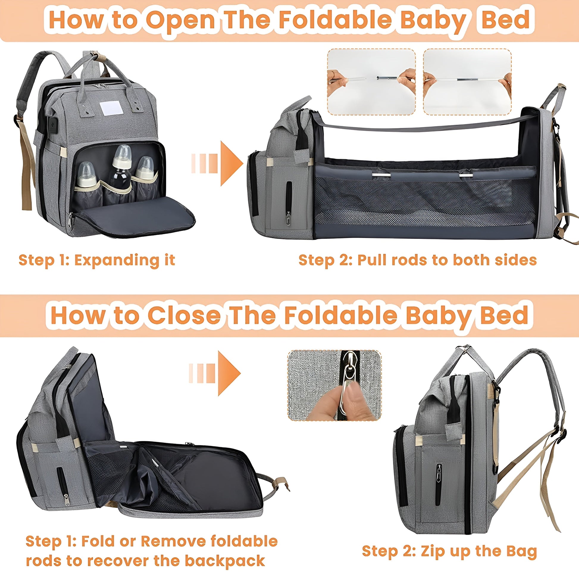 Royallure Smart Diaper Bag Backpack with Foldable Bed and USB Charging Port 7