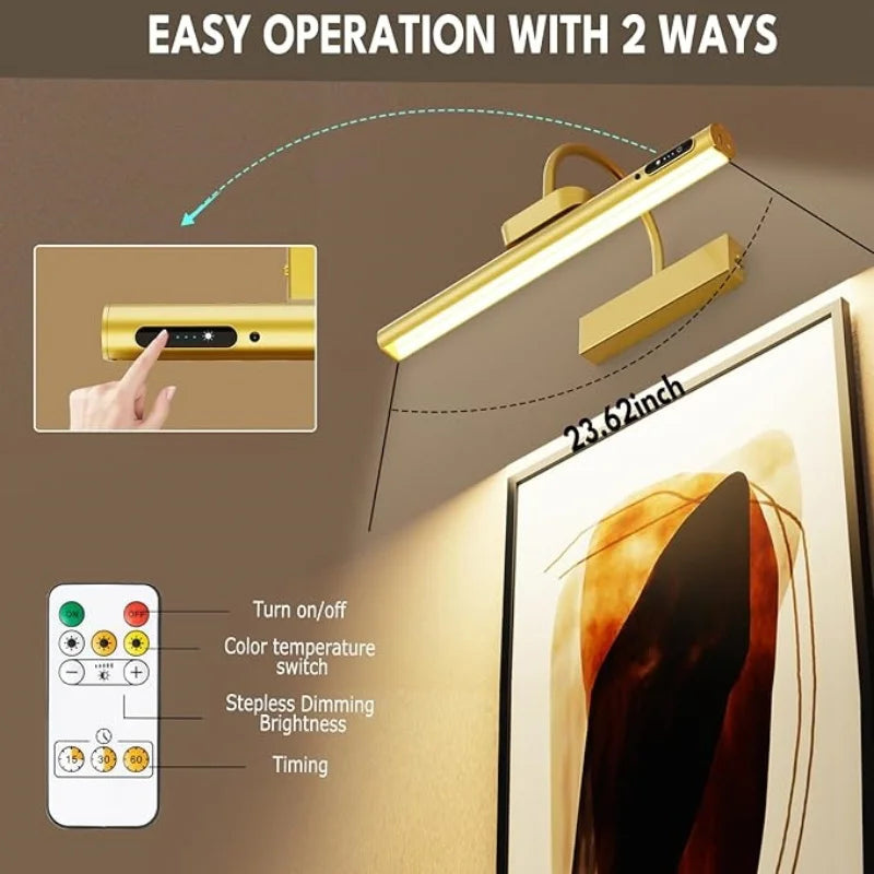 Royallure Wireless Wall Lamp with Remote Control – Rechargeable Sconce Light for Art Display, Gold Finish, Adjustable Color Temperature 2
