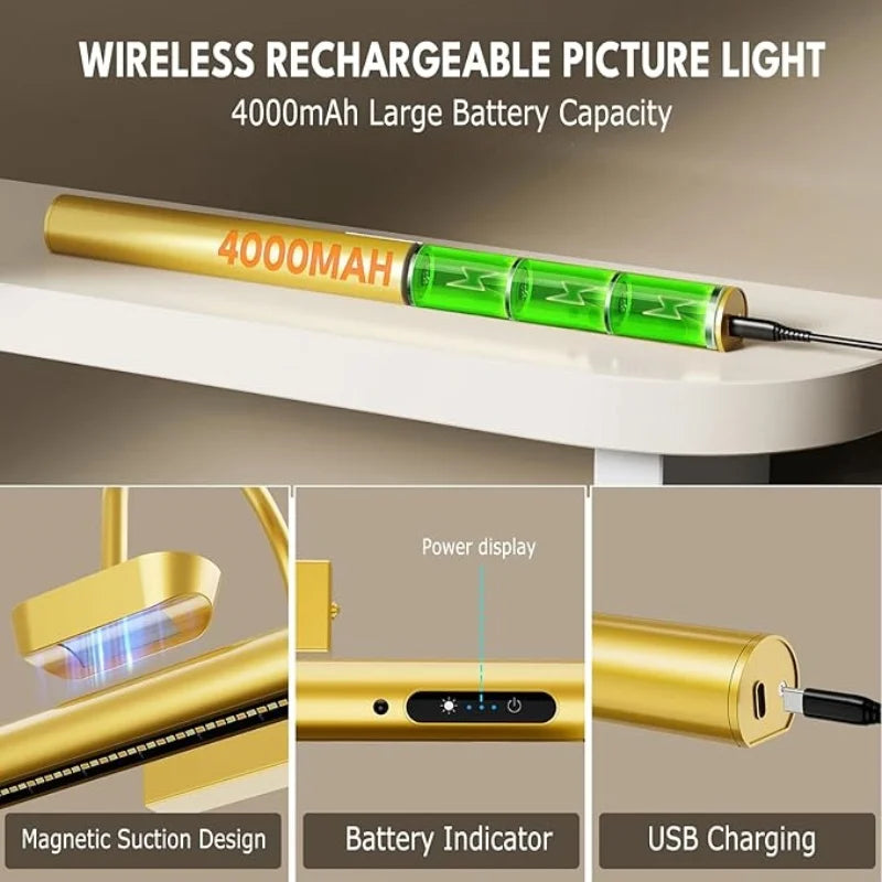 Royallure Wireless Wall Lamp with Remote Control – Rechargeable Sconce Light for Art Display, Gold Finish, Adjustable Color Temperature 3