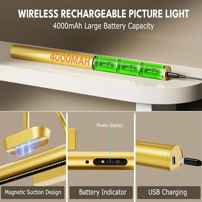 Royallure Wireless Wall Lamp with Remote Control – Rechargeable Sconce Light for Art Display, Gold Finish, Adjustable Color Temperature 3