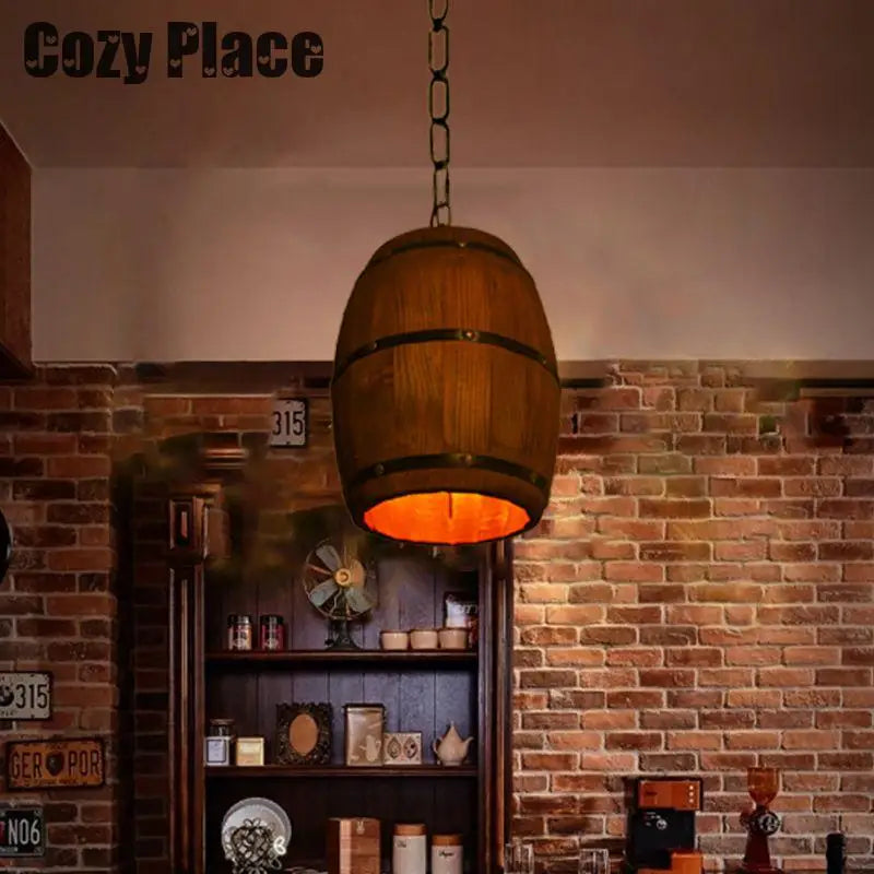 Rustic wooden pendant light in wine barrel shape, providing warm light with adjustable hanging chain, perfect for dining rooms, cafes, and bars.