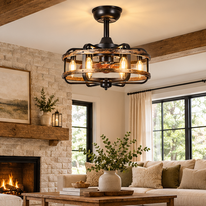 Royelux Industrial Flush Mount Ceiling Fan With Lights And Remote Control - Rustic Walnut Finish