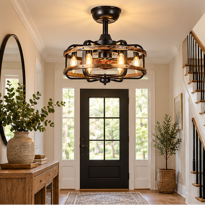 Royelux Industrial Flush Mount Ceiling Fan With Lights And Remote Control - Rustic Walnut Finish