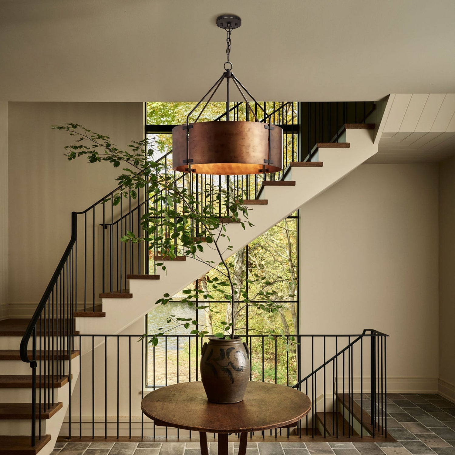 Rustic Bronze Industrial Drum Shade Pendant Light 7