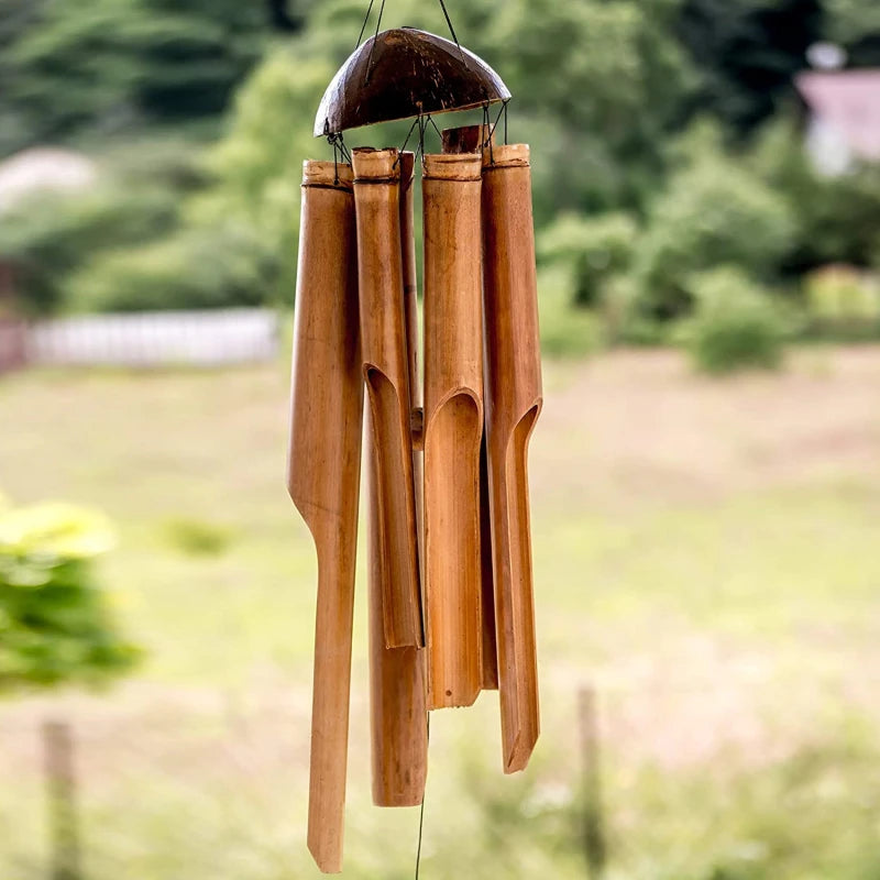 LuxRoyale Bamboo Wind Chimes - Natural Coconut Shell, Five Tube Handmade Garden Decoration