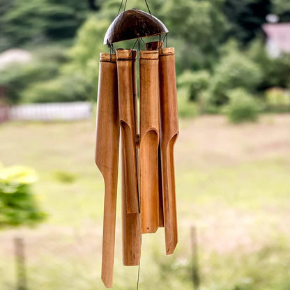 LuxRoyale Bamboo Wind Chimes - Natural Coconut Shell, Five Tube Handmade Garden Decoration