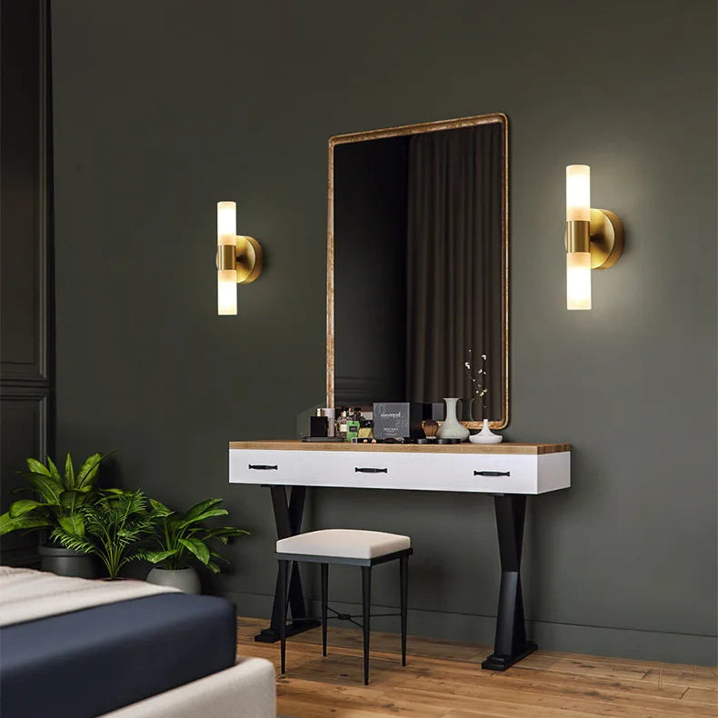 LuxRoyale Etched Glass Cylinder Shade Brass Wall Lamp