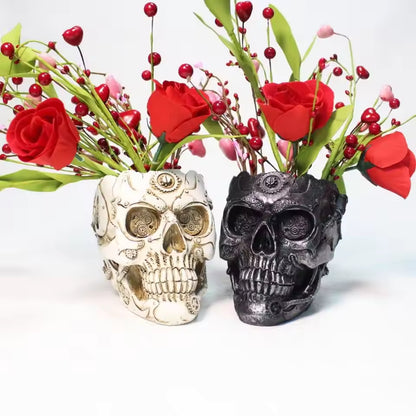 Royelux Halloween Punk Skull Vase Mechanical Style Black White Gold Silver Decor