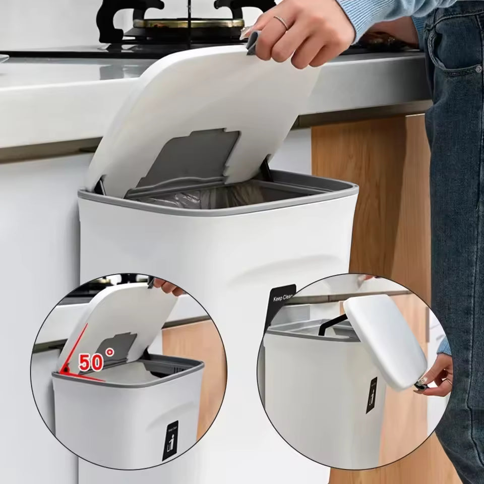 Luxora Hanging Trash Can with Lid - Easy Mount One Click Empty Kitchen Waste Bin