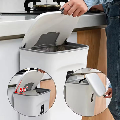 Luxora Hanging Trash Can with Lid - Easy Mount One Click Empty Kitchen Waste Bin