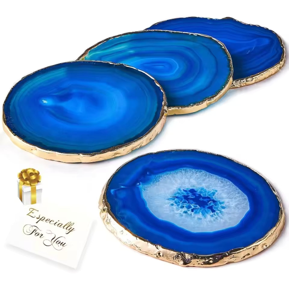 Luxora Blue Agate Coaster with Gold-Plated Edges – Heat-Resistant Beverage Holder