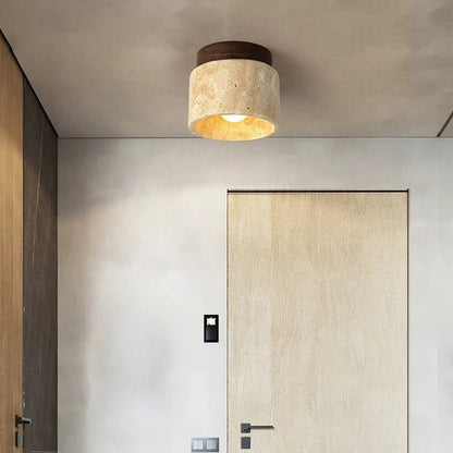 RoyaleGlow Japandi Travertine Wood LED Flush Mount Ceiling Light - Modern Minimalist