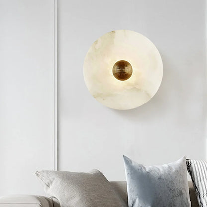 LuxRoyale Round Alabaster Wall Lamp With Fluted Brass Center And Hidden LED Glow