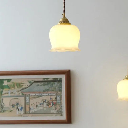 Luxora Cream Glass Flower Pendant Light, Brass Top Nordic Hanging Lamp