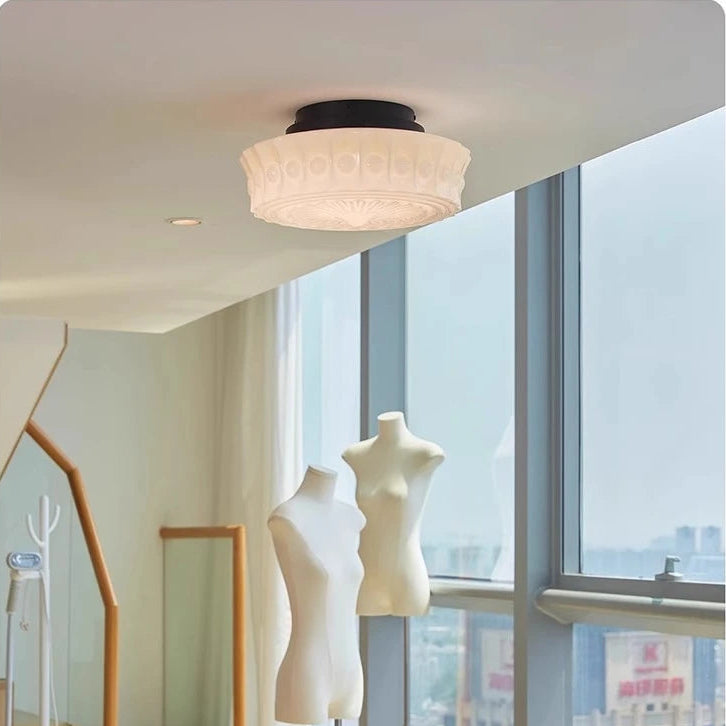 RoyaleGlow Art Deco Ivory Opal Milk Glass Schoolhouse LED Ceiling Light, 4000K Dimmable