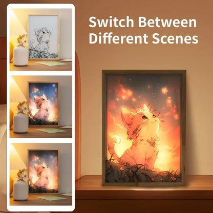 RoyaleGlow Cat LED Night Light Frame - Adorable 3-Color Dimmable Painting Lamp