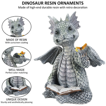 Dragon Reading Book Sculpture featuring a hand-painted resin figure of a dragon engrossed in a book, ideal for garden or indoor décor.
