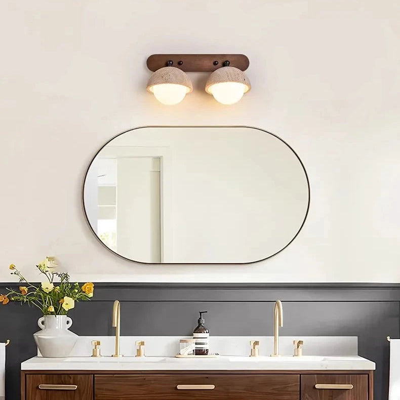 LuxRoyale Travertine Wabi-Sabi Vanity Light with Walnut Backplate