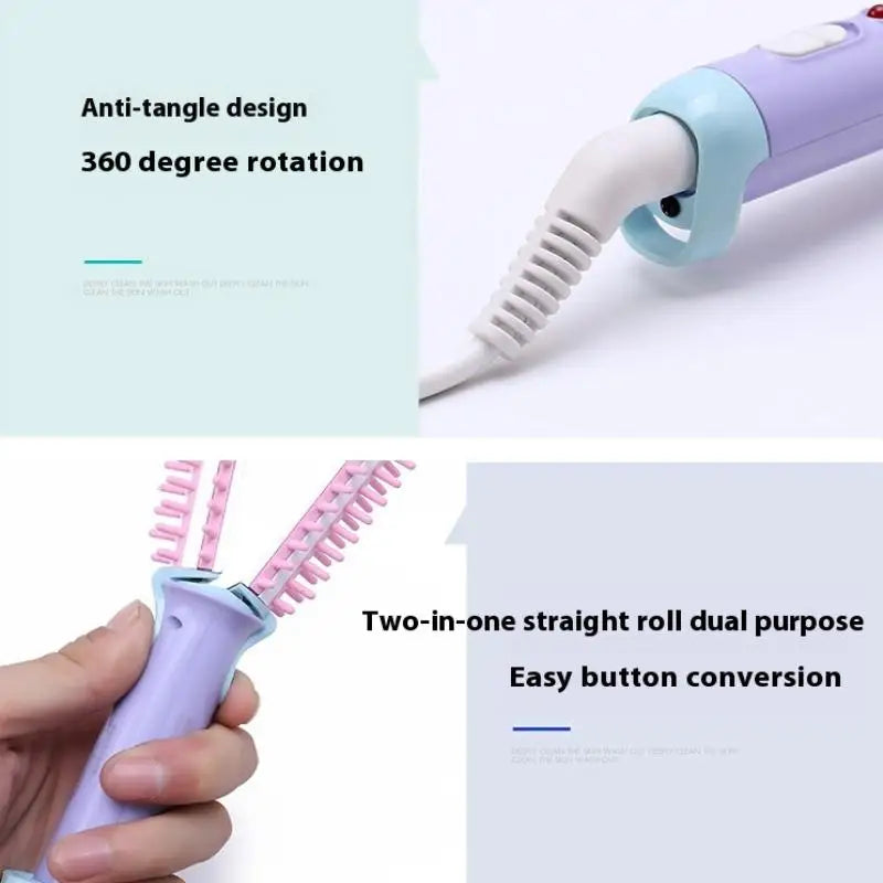 Rayvia Mini 2-in-1 Curling Iron Brush & Hair Straightener, Portable Travel Styler