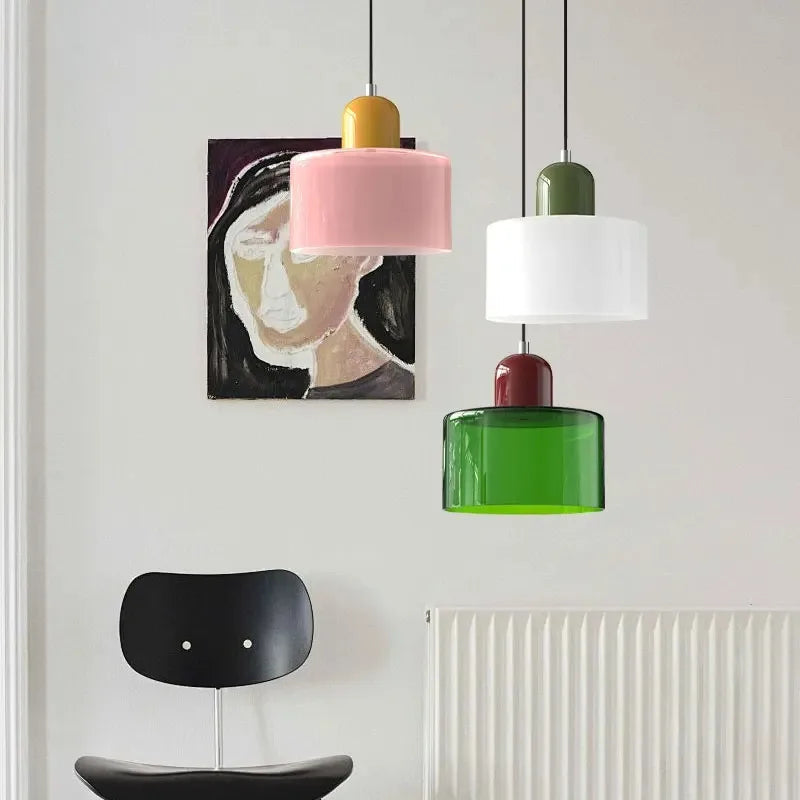 Royaleva Glass Pendant Light With Layered Color Block Drum Shade