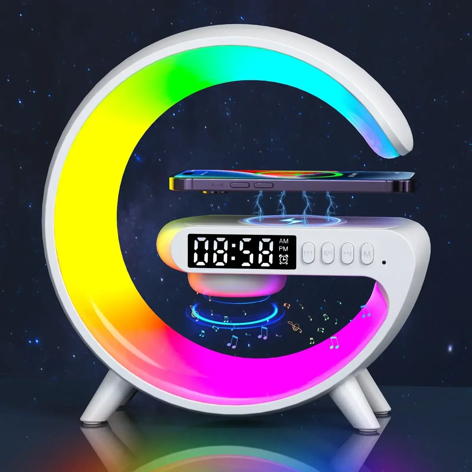 Royallure multifunctional night light with RGB colors, dual alarm clock, and phone charging dock.