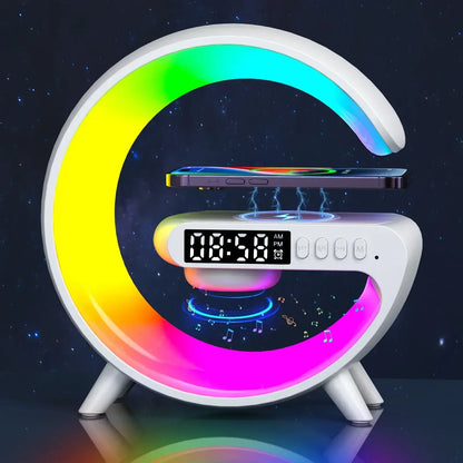Royallure multifunctional night light with RGB colors, dual alarm clock, and phone charging dock.