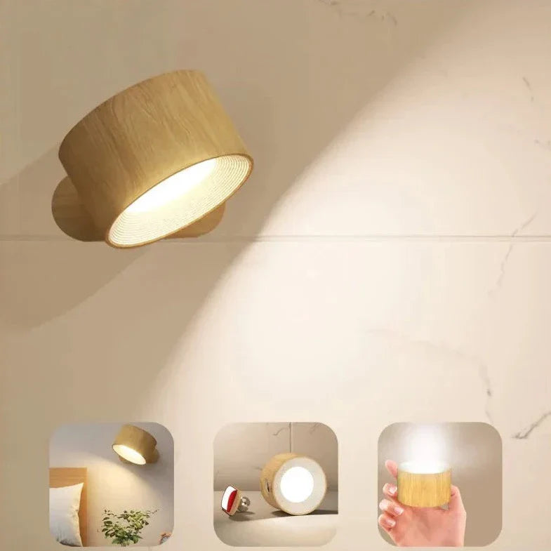 Spotlight Cordless Wall Lamp - 360° Rotation, Dimmable, Rechargeable Wall Light - Wood / Touch Control