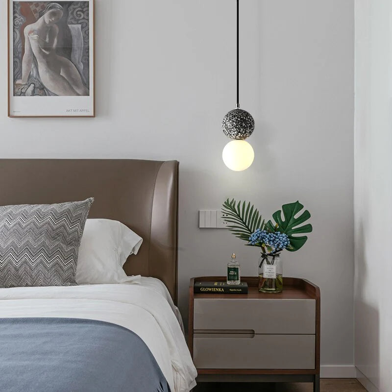 RoyaleGlow Modern Lava Stone & Glass Pendant Light - Black & White Globe Ceiling Lamp