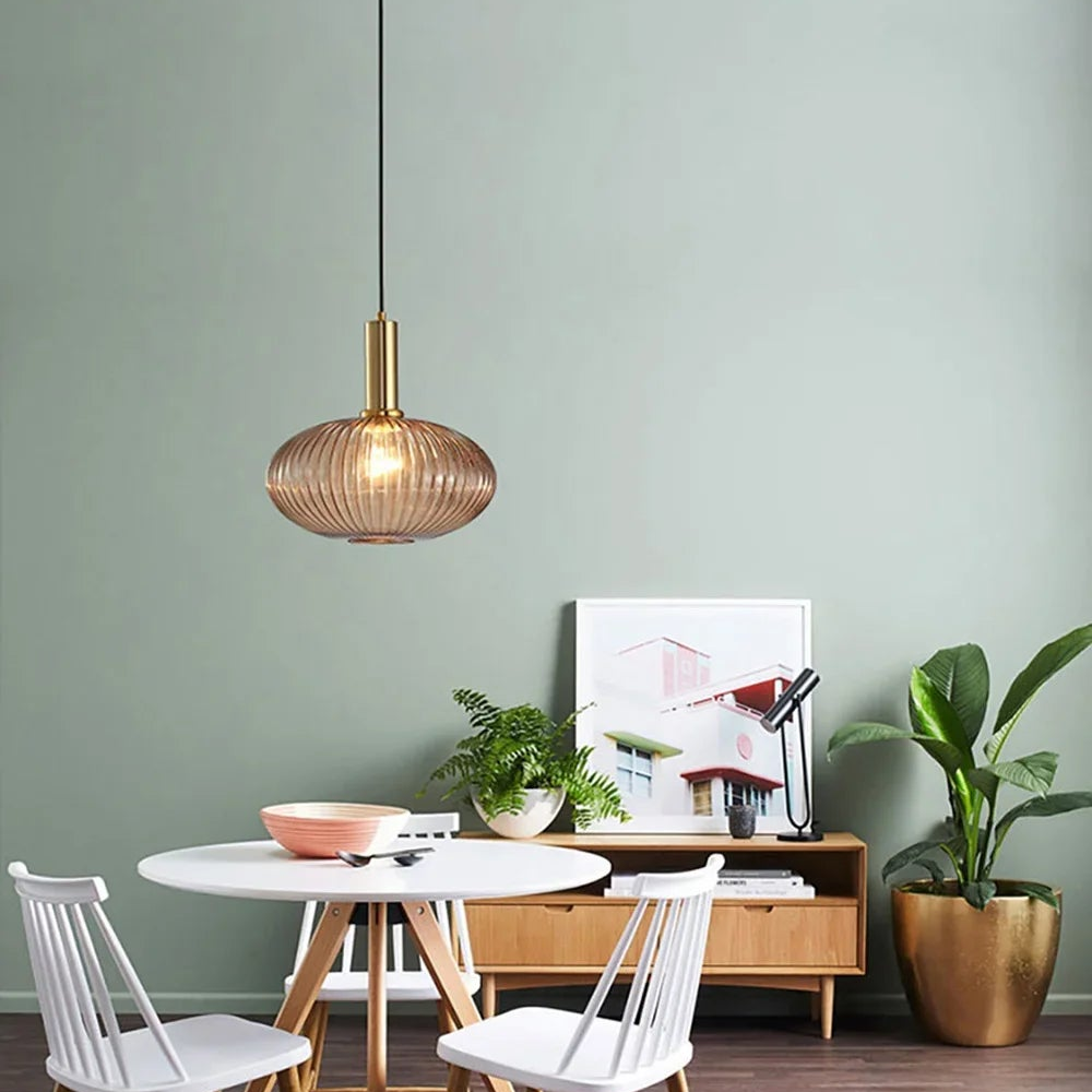 Luxora Nordic Glass Pendant Light, Brass Finish Warm Glow Hanging Lamp
