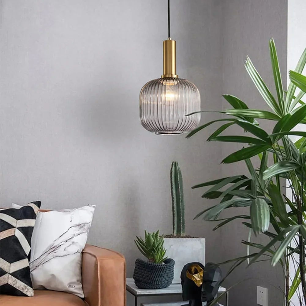 Luxora Nordic Glass Pendant Light, Brass Finish Warm Glow Hanging Lamp
