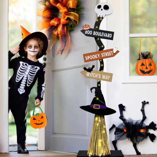 New Halloween Wooden Witch Broom Porch Yard Holiday Atmosphere Decorative Props Ghostly Witch Decoration Festival Gift 
