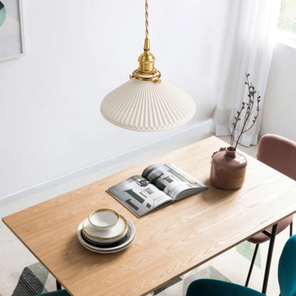 LuxRoyale Vintage Ribbed White Ceramic Minimalist Pendant Light Gold Hardware