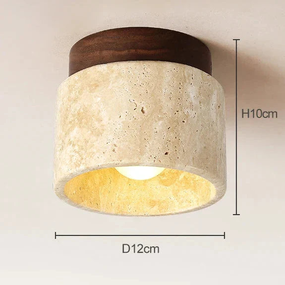 RoyaleGlow Japandi Travertine Wood LED Flush Mount Ceiling Light - Modern Minimalist