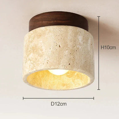 RoyaleGlow Japandi Travertine Wood LED Flush Mount Ceiling Light - Modern Minimalist