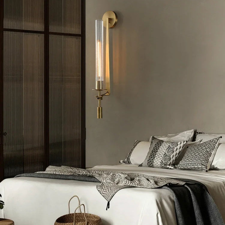 LuxRoyale French Brass Wall Lamp With Ribbed Glass Cylinder And Edison Bulb