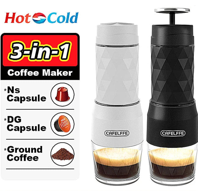 Manual 3-in-1 portable coffee maker compatible with capsules and ground coffee, lightweight design for travel, camping, and office use.