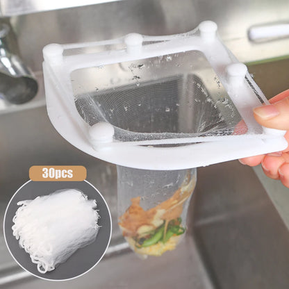 Triangle sink drain filter rack with disposable mesh bags capturing food residues, preventing drain clogs, and saving sink space.