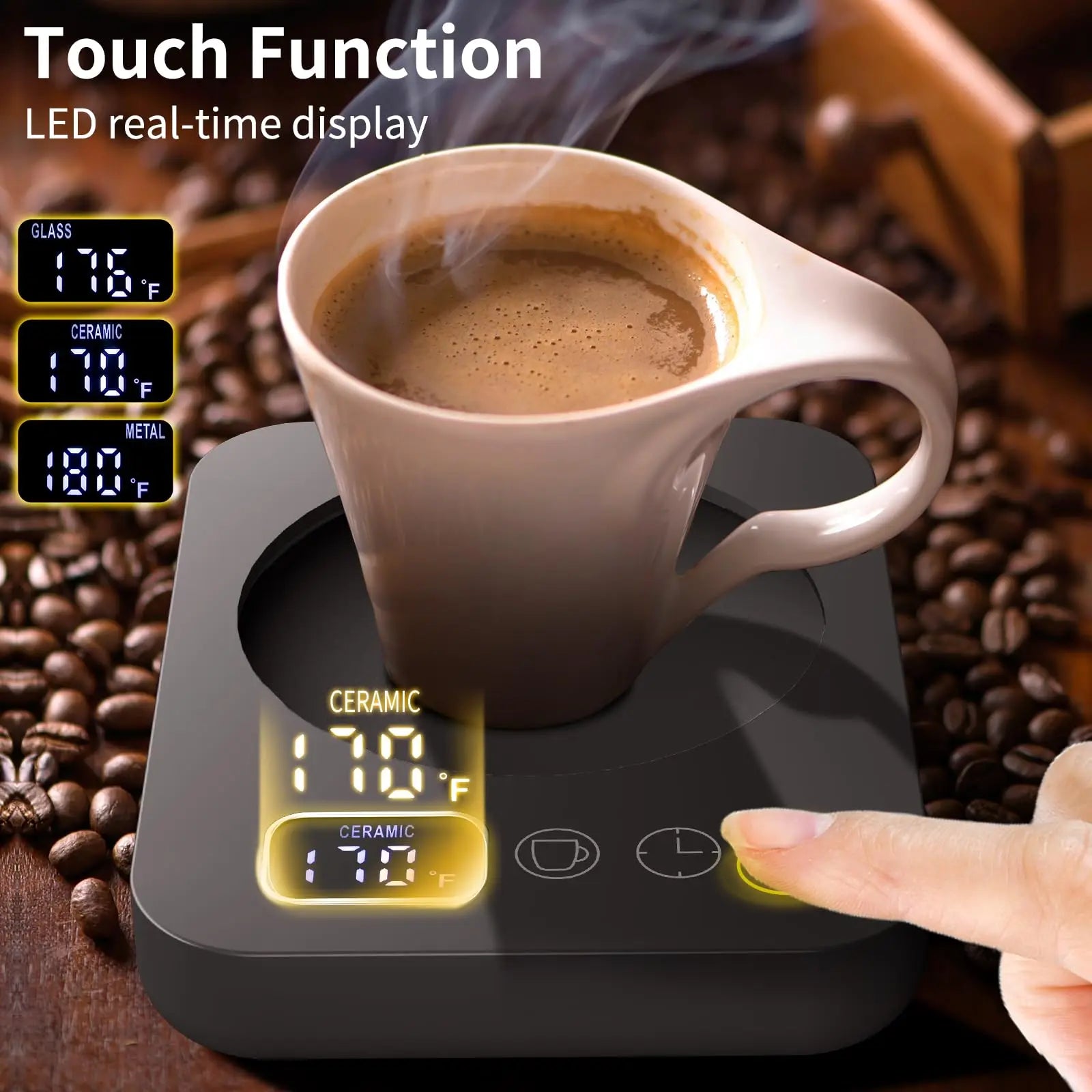 Smart electric mug warmer with 3 adjustable temperature settings, automatic shut-off, and durable aluminum alloy heating plate for home or office use.