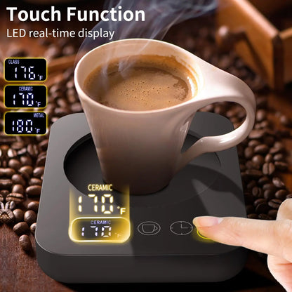 Smart electric mug warmer with 3 adjustable temperature settings, automatic shut-off, and durable aluminum alloy heating plate for home or office use.