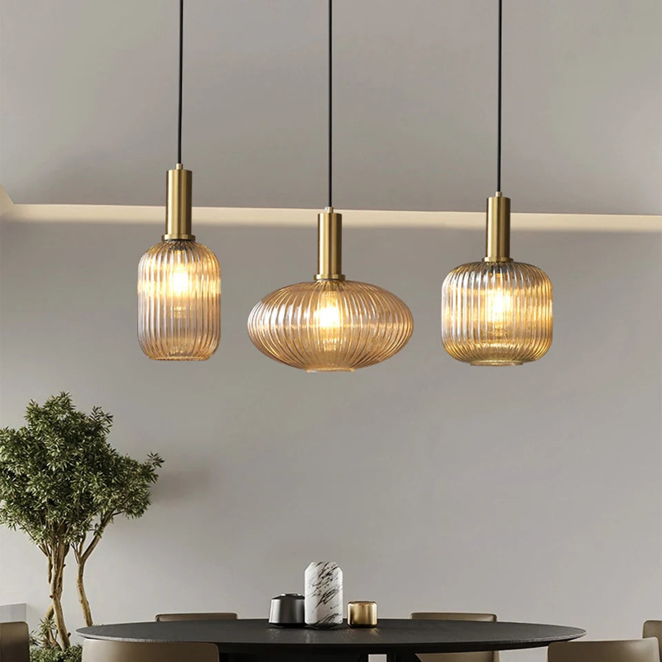 Luxora Nordic Glass Pendant Light, Brass Finish Warm Glow Hanging Lamp