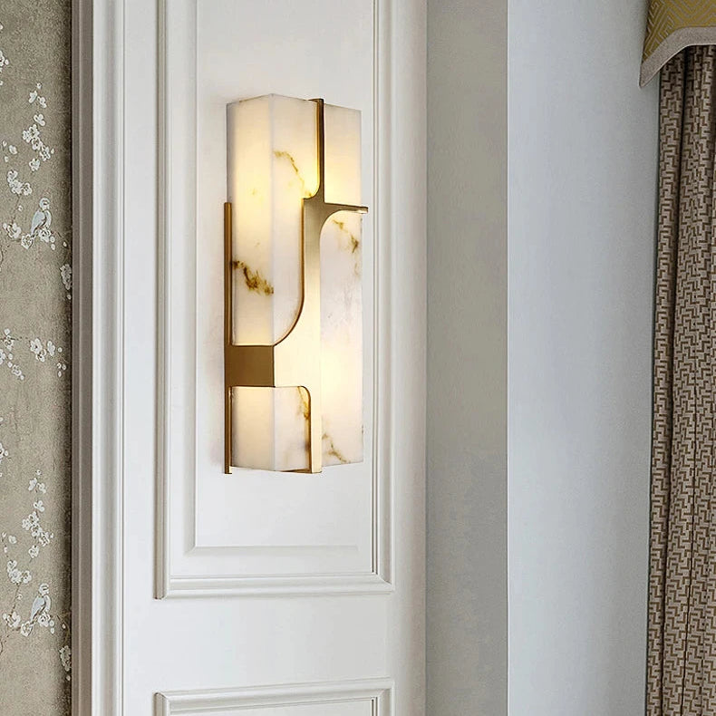 LuxRoyale Ariel Alabaster Wall Lamp With Brass Frame For Modern Living Rooms And Hallways