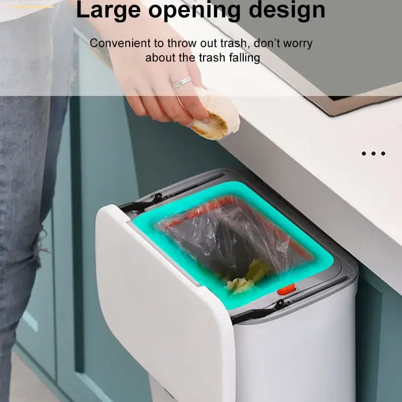 Luxora Hanging Trash Can with Lid - Easy Mount One Click Empty Kitchen Waste Bin