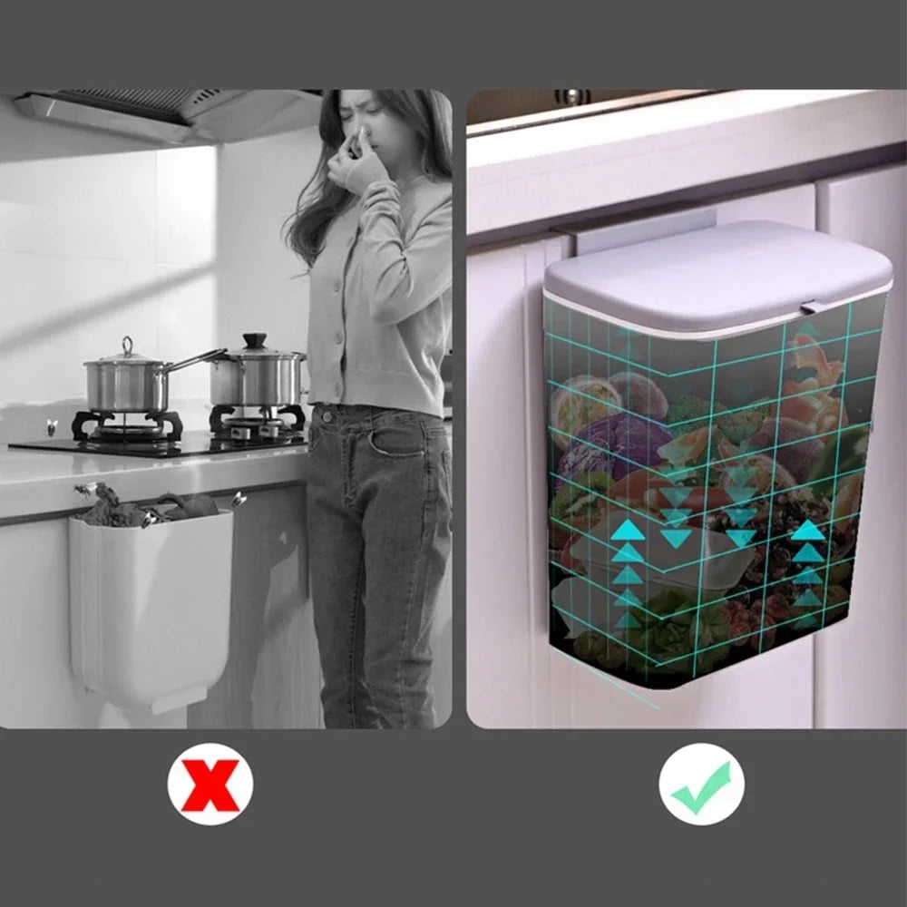 Luxora Hanging Trash Can with Lid - Easy Mount One Click Empty Kitchen Waste Bin